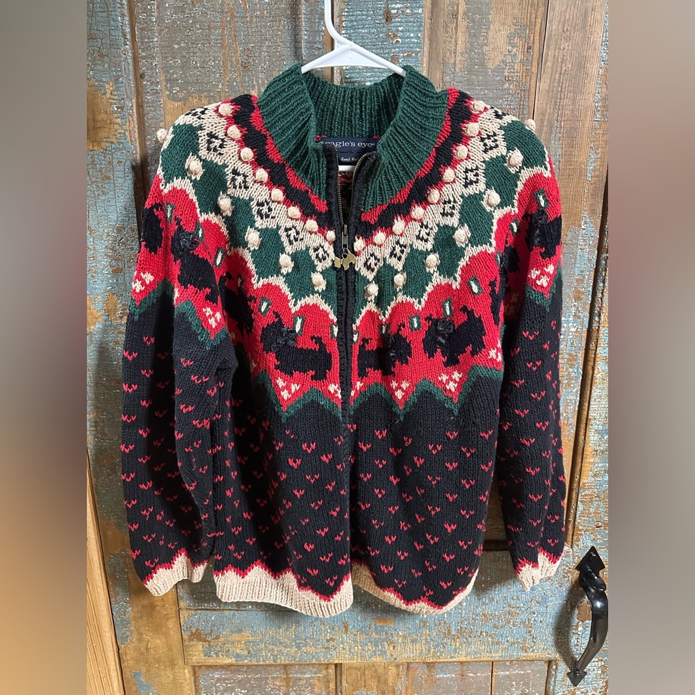 Women's Vintage Eagle's Eye Scottie Dog Sweater Full Zip Cardigan Medium